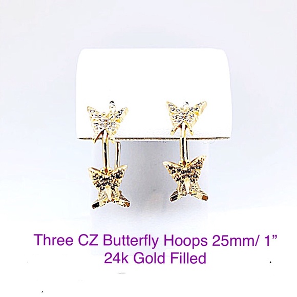 CZ Butterfly Hoop Earrings 25mm or 1”, 24k Gold Filled, Symbol Change/ Rebirth - Picture 3 of 6